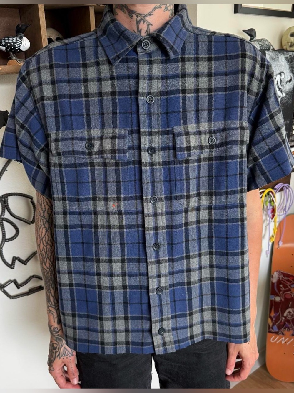 LL Bean Blue & Gray Plaid Cropped Boxy SS Chamois Cloth Shirt ~ Size Medium